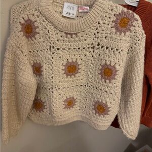 Zara Cream and Pink Floral Crochet Sweater
